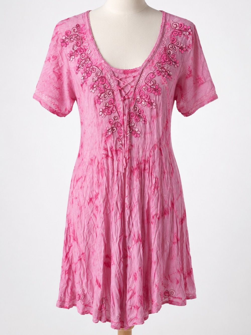 Pink Tie Dye Floral Embroidered Boho Peasant Mini Dress Lace Up Bodice Casual